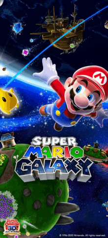 a poster for super mario galaxy features mario flying through space