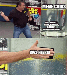 a meme about meme coins and bozo hybrid is being created