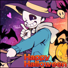 a cartoon drawing of a skeleton wearing a witch hat with the words happy halloween below him