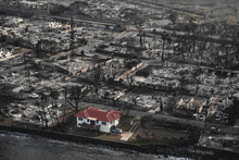 a house with a red roof sits in the middle of a burned out neighborhood