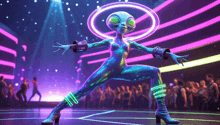 a cartoon alien dancing in front of a crowd