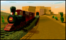 a train with the letter h on the front is going through the desert