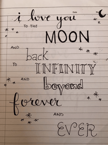 a piece of paper with the words " i love you to the moon and back to infinity and beyond forever and ever "