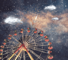 a ferris wheel in a starry night sky with a rocket in the background