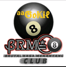 a pool ball with the number 8 on it and the words brm club below it