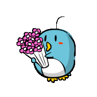 a blue bird holding a bunch of pink flowers