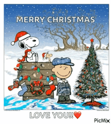 a cartoon of snoopy and charlie brown standing next to a christmas tree with the words merry christmas love you