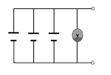 a diagram of a circuit with three capacitors and a voltmeter attached to it .