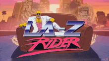 a cartoon of a man sitting on a couch with the words laz rider written on it