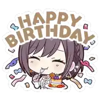 a cartoon girl eating a cake with the words happy birthday behind her