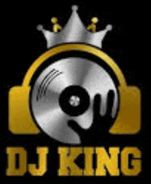 a dj king logo with a hand holding a cd and a crown on a black background .