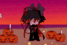 a pixel art of a demon standing next to pumpkins .