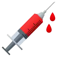 a red syringe with a needle and two drops of blood