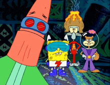 a group of cartoon characters including spongebob and patrick are standing next to each other