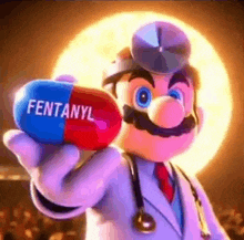 a cartoon character is holding a capsule of fentanyl .