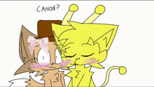 a cartoon drawing of a cat and a yellow cat kissing with the caption canon