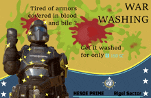 a poster that says tired of armors covered in blood and bile on it