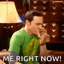 a man in a green shirt is sitting in front of a lamp eating a sandwich and saying me right now .