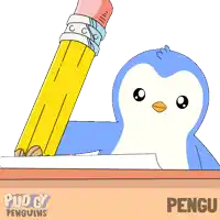 a penguin is holding a pencil over a piece of paper with the name pengu on the bottom