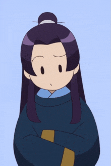 a cartoon character with purple hair and a bun