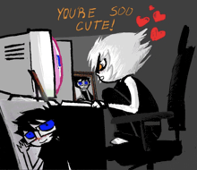 a drawing of a person sitting in front of a computer with the words you 're soo cute written in orange