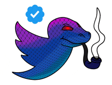 a drawing of a snake smoking a pipe with a blue check mark behind it