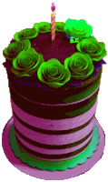 a pink and green birthday cake with green roses and a candle on top