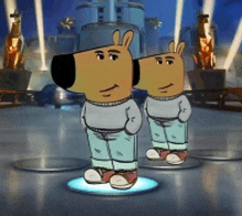 two cartoon characters are standing next to each other on a stage