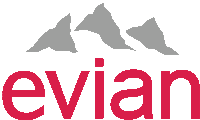 a red and gray logo for evian with mountains in the background