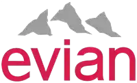 a red and gray logo for evian with mountains in the background