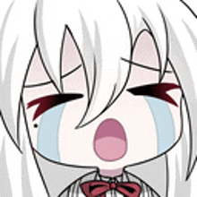 a cartoon girl with white hair and a bow tie is crying with tears running down her face .