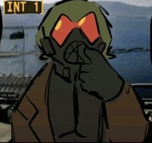 a drawing of a monster with a sign that says int 1 on it