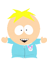 a baby from south park is wearing a blue outfit with a pink bunny on his chest