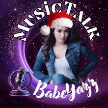 a woman wearing a santa hat is featured in a music talk advertisement