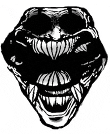 a black and white drawing of a monster 's face with a large mouth .