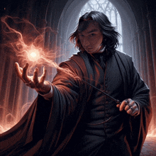 a man in a black robe is holding a wand and a light coming out of his hands