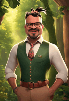 a man wearing glasses and a green vest is standing in a forest