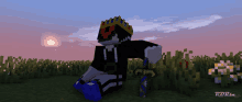 a minecraft character with a crown on his head is sitting in a field