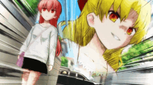 a girl with red hair is walking next to a girl with blonde hair