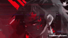 a close up of a person 's face with a red background and the words make a gif.com on the bottom