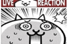 a black and white drawing of a cat with a surprised look on its face and the words `` live reaction '' .