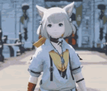 a girl with white hair and cat ears is standing on a sidewalk in front of a building .