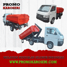 a flyer for promo karoseri shows three trucks