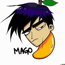 a drawing of a man with a mango on his head and the word mago below him