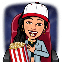 a cartoon of a woman eating popcorn while sitting in a red chair