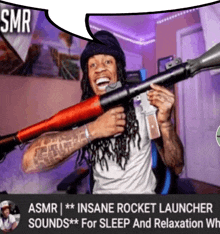 a man is holding a rocket launcher with a speech bubble that says smr