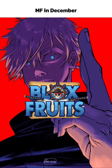 a poster for blox fruits shows a man with purple hair