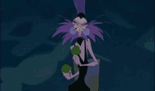 a cartoon character with purple hair and earrings is holding a green object