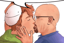 a cartoon of two men kissing with one wearing a mask