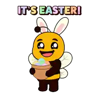 a bee with bunny ears is holding a basket of easter eggs